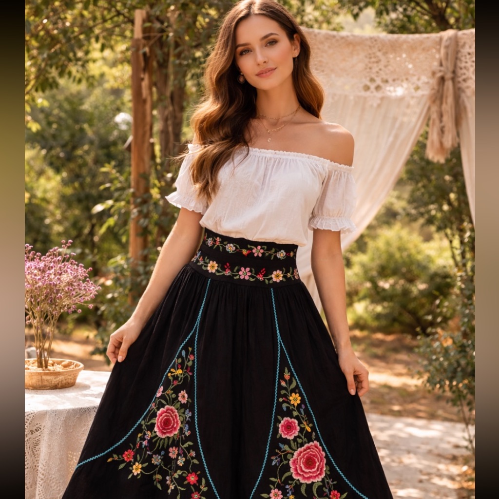 Hale Bob Black Skirt With Floral Embroidery Size M Nwt